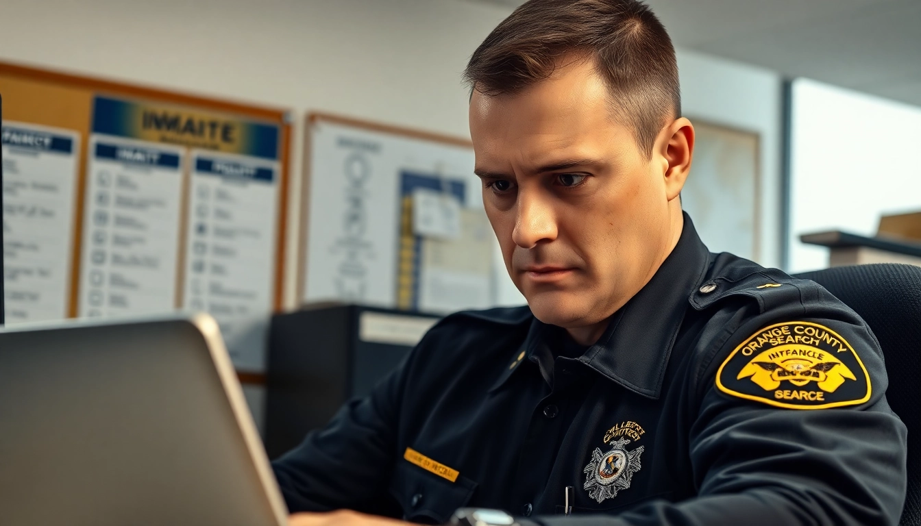 Performing an Orange County inmate search with attention to detail and focus in a law office.