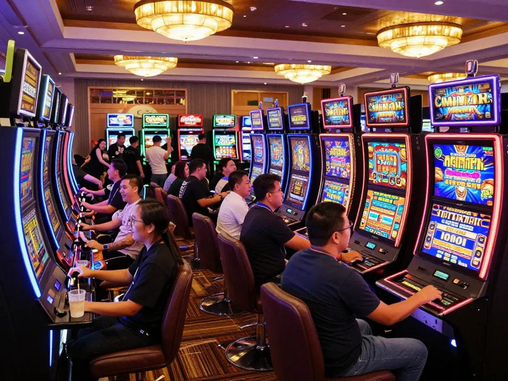 Players engaging with vibrant agen slot machines in a lively casino atmosphere, capturing excitement and anticipation.