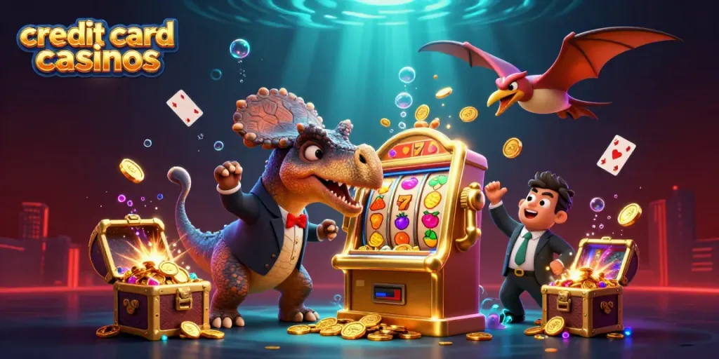 Credit card casinos feature a dinosaur winning on a slot machine while gold coins fly around.