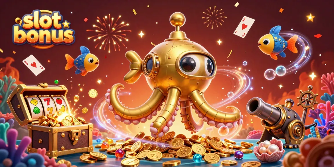 Spin to win with slot bonus as the golden kraken submarine and mechanical fish celebrate in a vibrant underwater world.