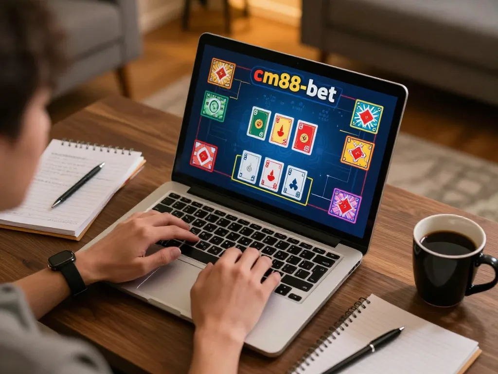 Person placing bets and strategizing gameplay on cm88-bet online gaming portal at home