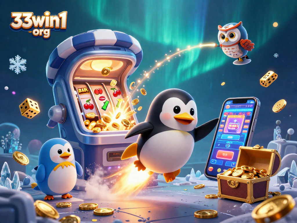 Experience thrilling gaming action with a vibrant illustration of 33win1 org's golden penguin flying through a casino space.