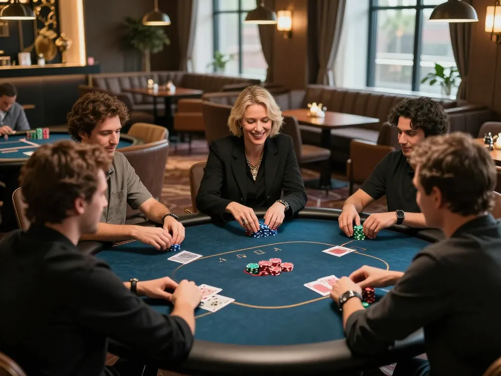 Strategic players engaged at a poker table in the luxurious atmosphere of 388bet.