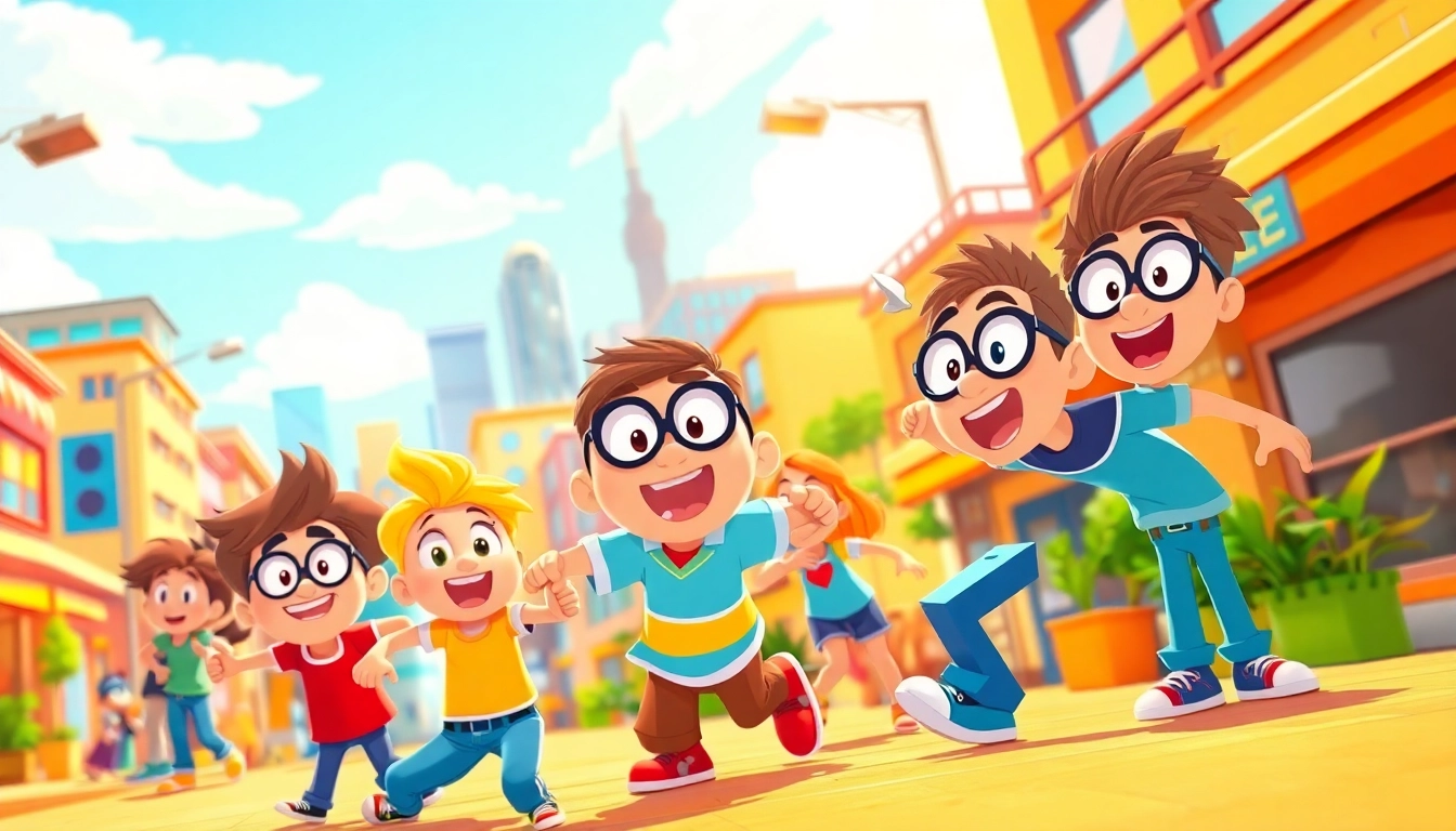 Erleben Sie die Welt der 2D Animation mit dynamischen Cartoon-Charakteren im urbanen Umfeld.