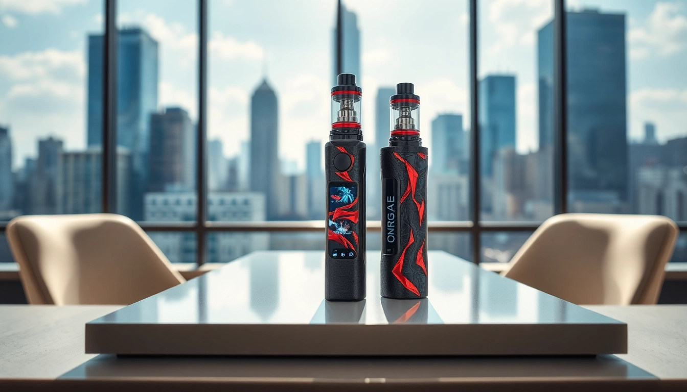 Showcasing lost vape orion bar artfully arranged on a modern table with a vibrant urban backdrop.