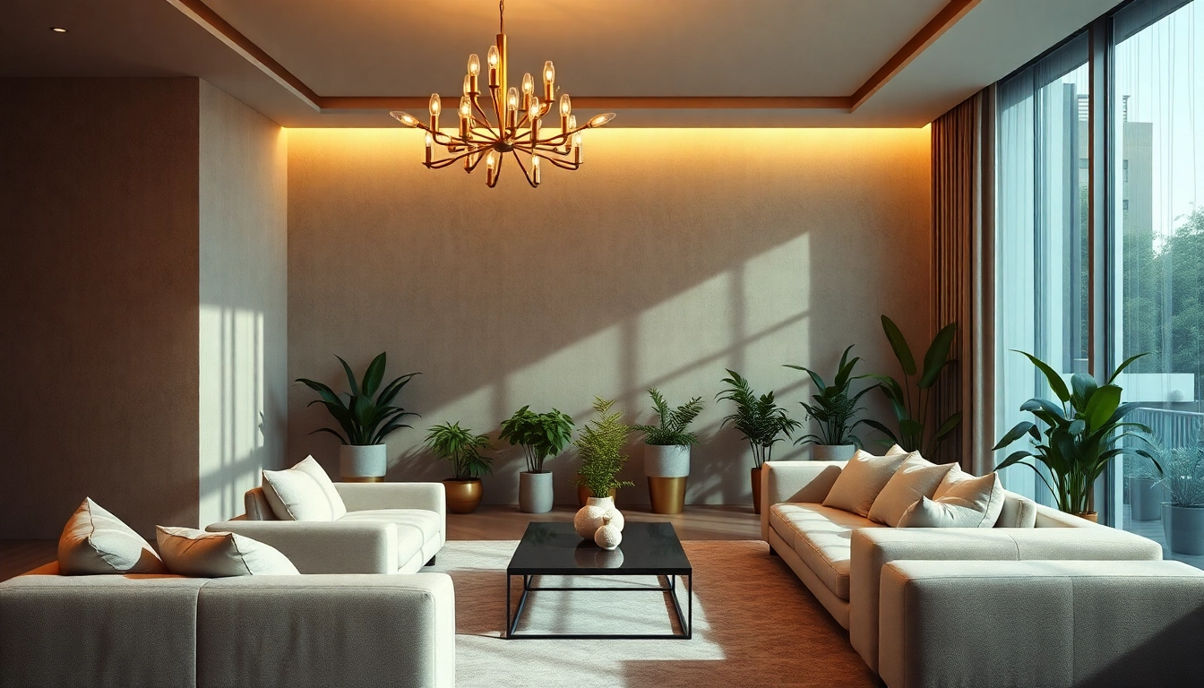 Experience sleek illumination in a chic living room illuminated by a stylish chandelier.