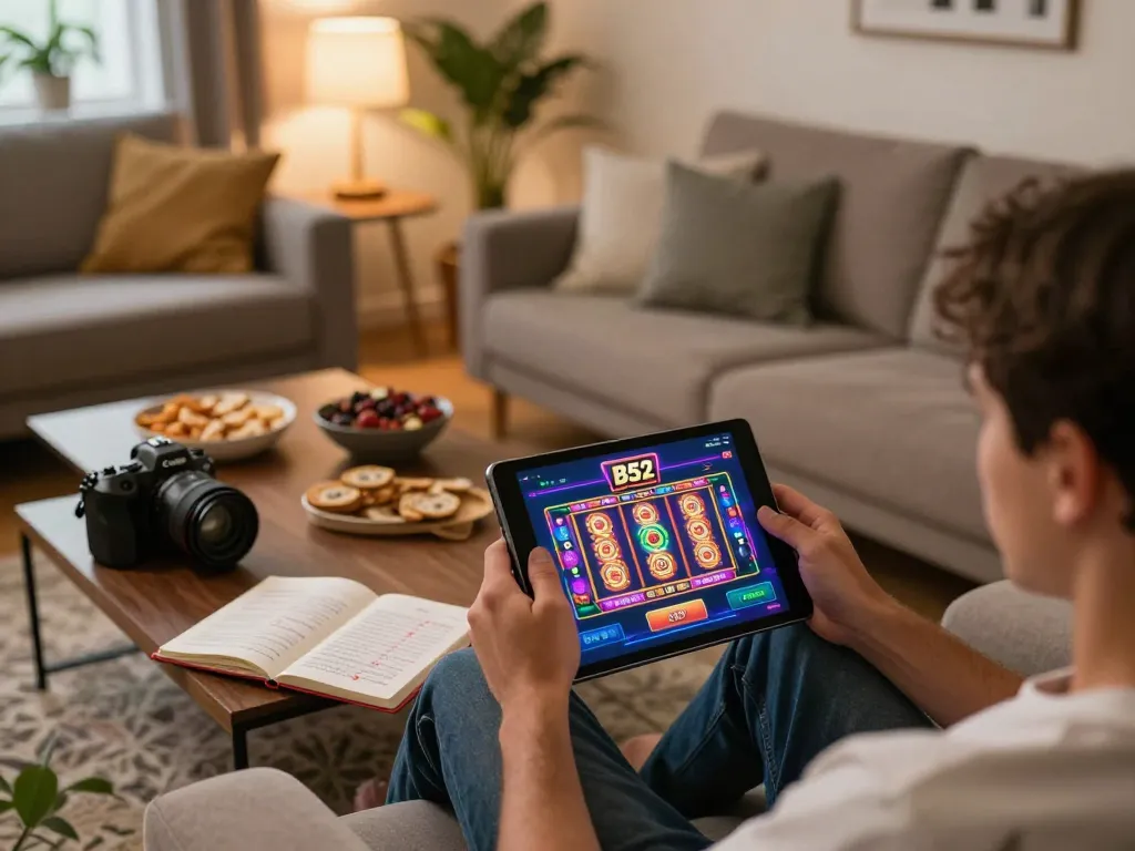 Player engaged with B52 casino app on tablet, showcasing vibrant online gaming experience at home.