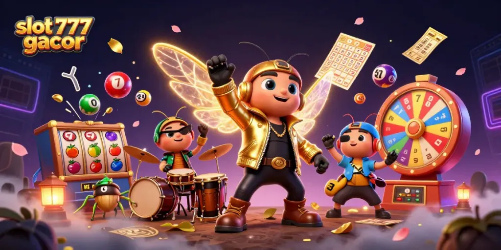Slot 777 gacor menampilkan cicada rock star 3D meriah dengan elemen permainan slot, memberikan keseruan bermain.
