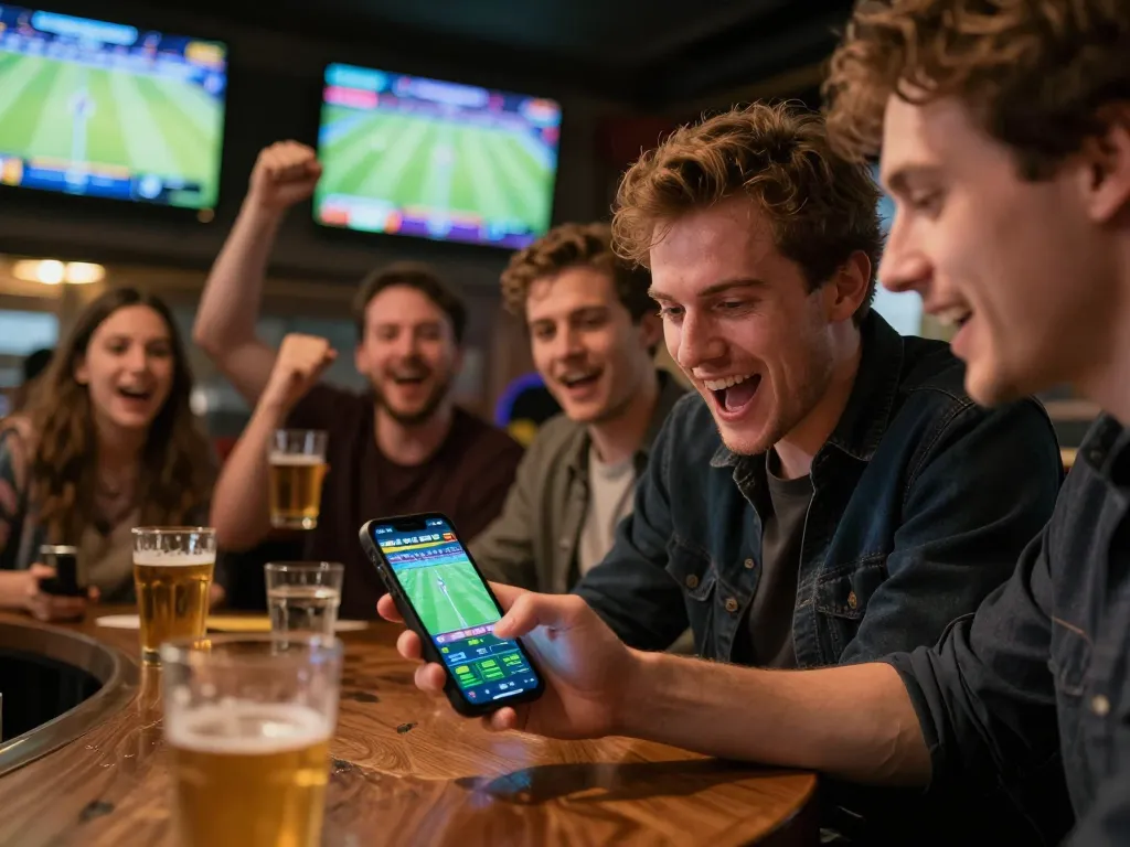 Engaging scene of an enthusiast using siti scommesse stranieri sicuri on a mobile app in a lively sports bar atmosphere