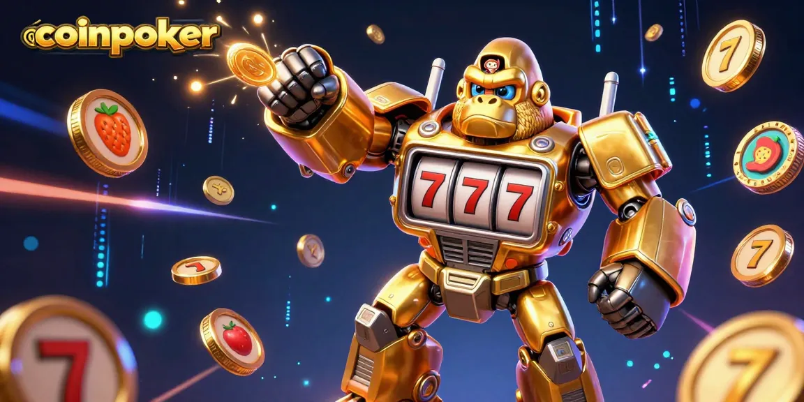 CoinPoker offre un jeu captivant avec un gorille mech doré entouré de symboles de machines à sous.