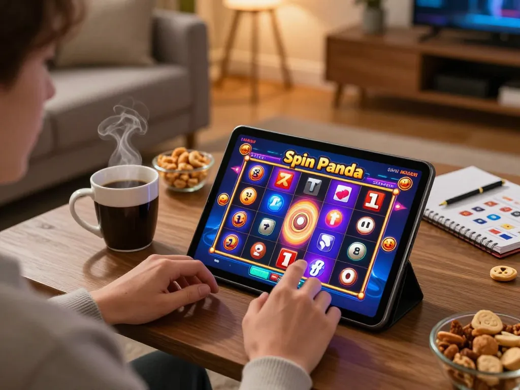 Engaging gameplay at Spin Panda Nederland with a player excitedly using a tablet for online slots.