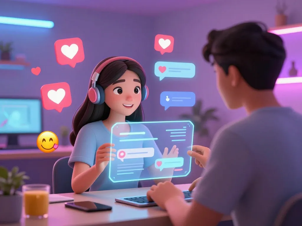 AI girlfriend engaging in lively conversation with a user in a cozy virtual chat environment.