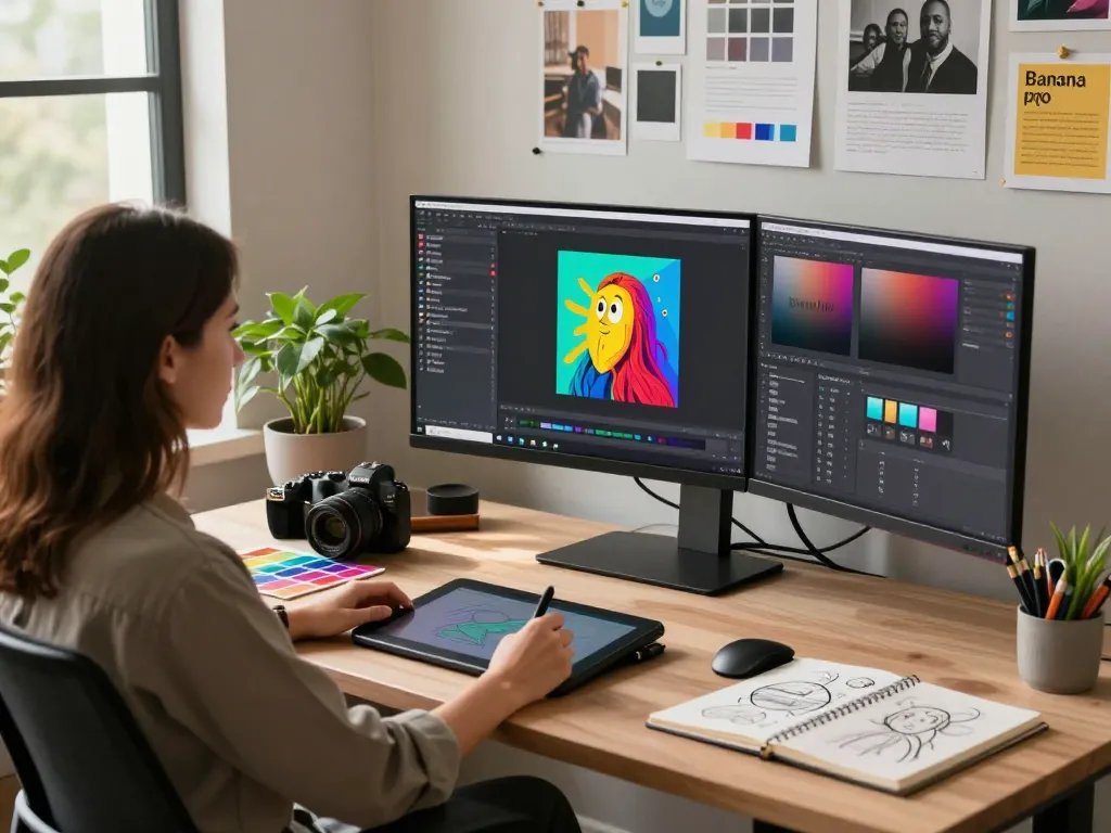 Graphic designer utilizing nano banana pro in a modern creative workspace with AI-generated images.