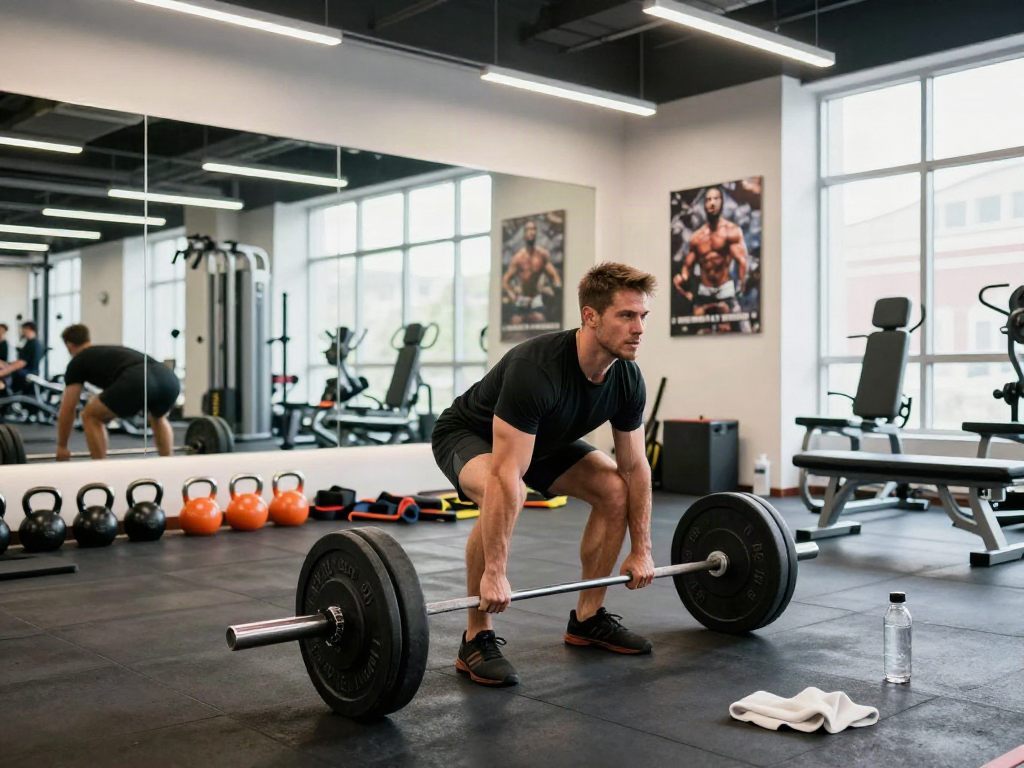 Athletic man performing a deadlift in a vibrant fitness studio, epitomizing strength and focus related to steroidi anabolizzanti.