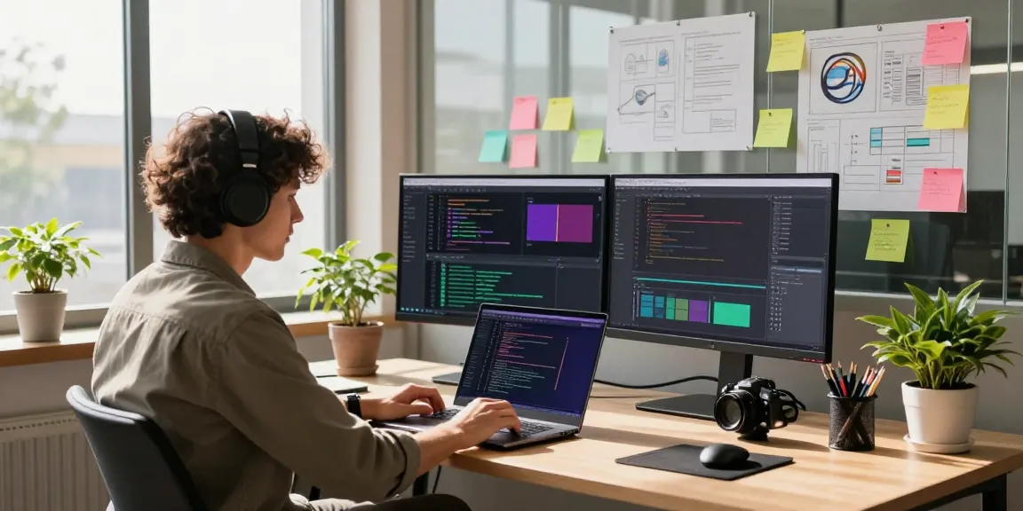 Developer coding in a modern workspace, showcasing telegram中文版下载 features on dual monitors with vibrant tech elements.