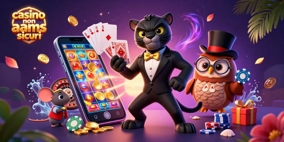 Illustrazione di un casinò non AAMS sicuro con un elegante puma nero che distribuisce carte, circondato da giochi e fiches.