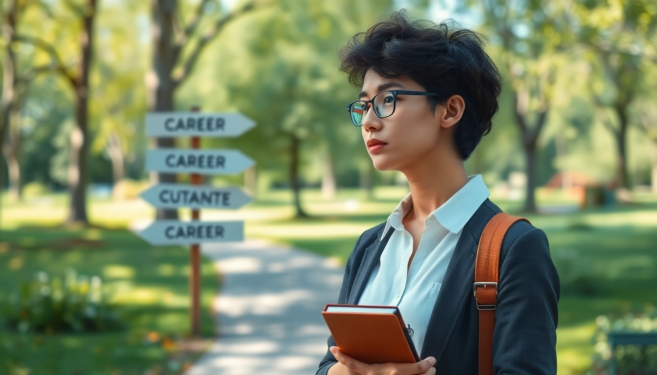 Find my true calling visualizes a professional contemplating career options at a serene crossroads.