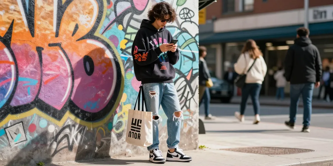 Engaged shopper at shs-dome5.com browsing trendy streetwear in a vibrant urban setting.