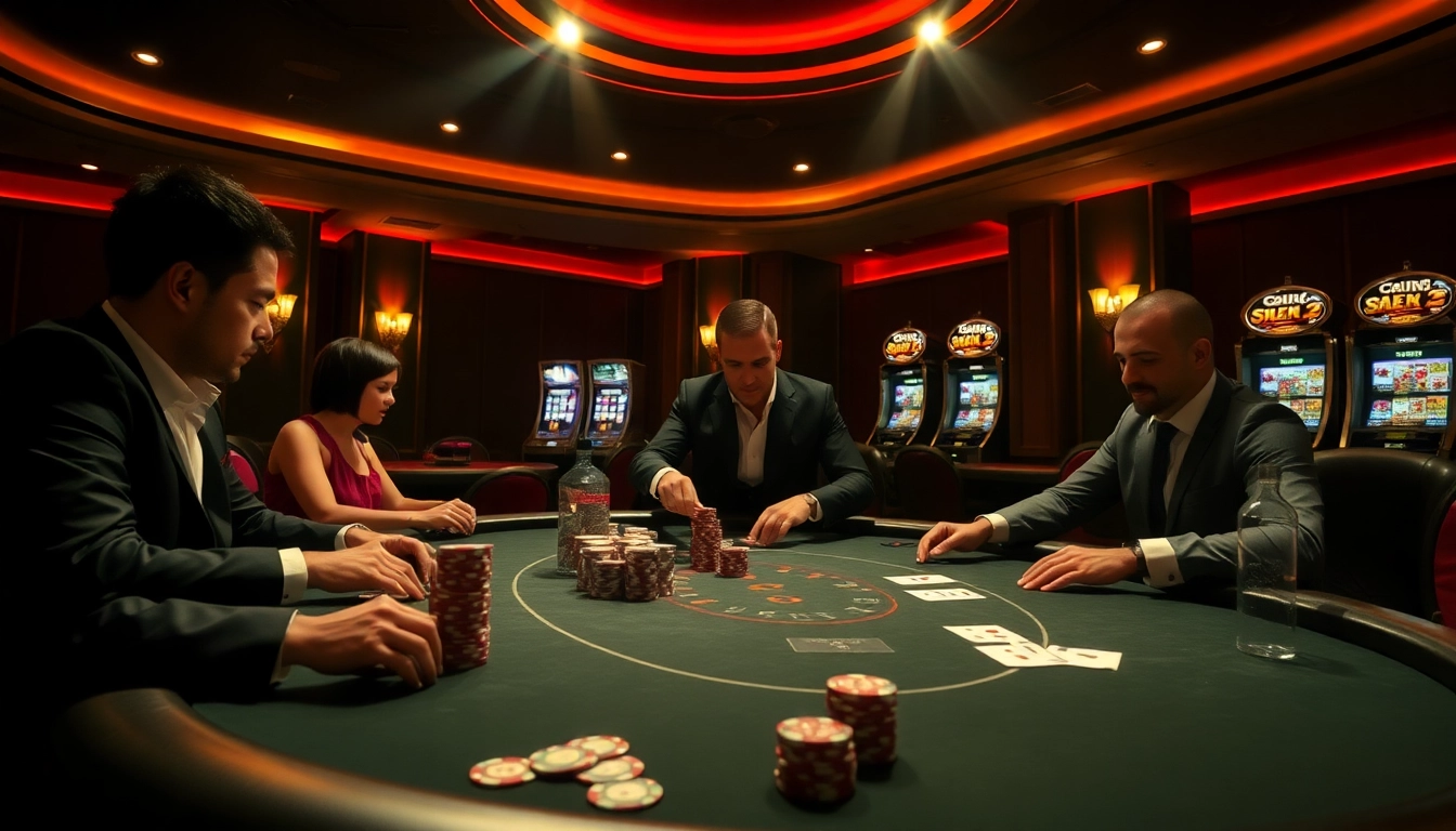 Vivez l'excitation du poker à enjeux élevés dans cette scène de casino en ligne Français, mettant en valeur un environnement de jeu luxueux.
