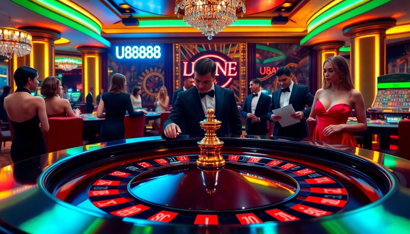 Experience U8888 excitement at a vibrant casino with roulette, players, and glamorous dealers.
