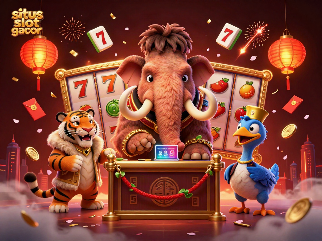 Experience the thrill of situs slot gacor with a vibrant casino scene featuring a mammoth bouncer and slot reels.