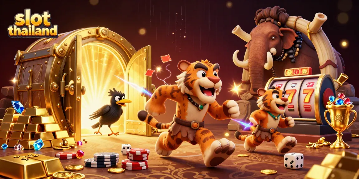 Engage with slot thailand in a vibrant 3D prehistoric casino illustration filled with treasures.