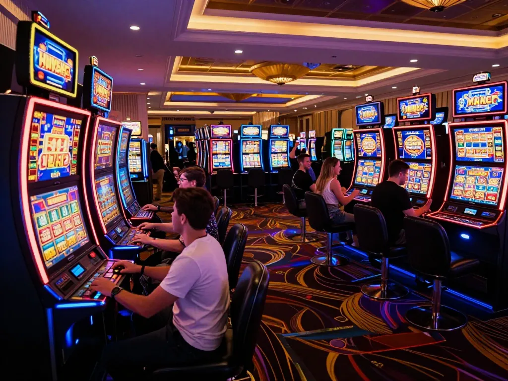 Players enjoying the excitement of slot machines on sunwinapk at a vibrant casino floor