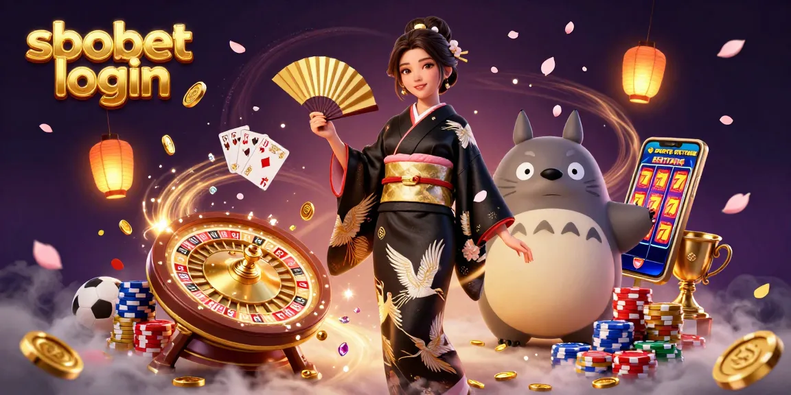 Engage with sbobet login through a vibrant casino scene featuring sports elements and a traditional Japanese theme.