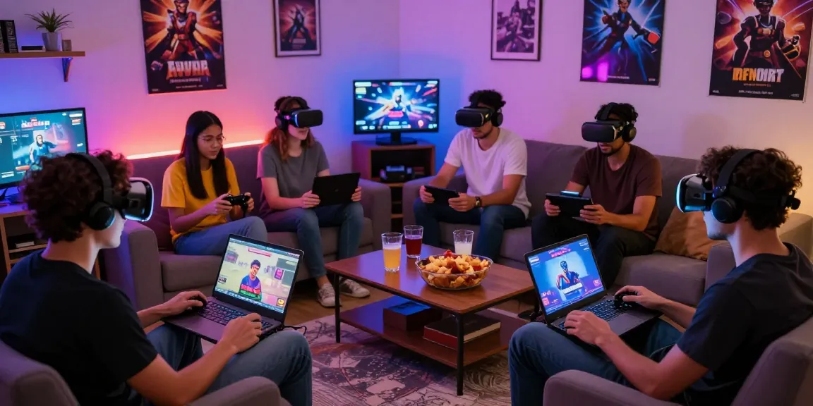 Players enjoying free porn games in a vibrant living room setting, showcasing an immersive gaming experience.