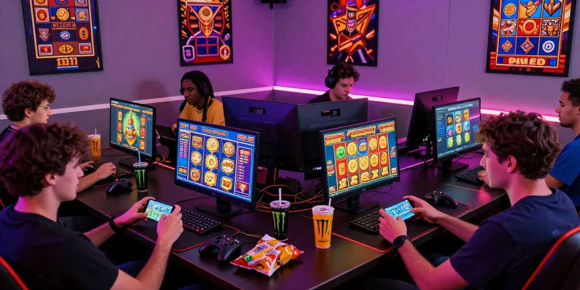 Permainan apk slot yang seru dengan pemain menggunakan ponsel dan laptop, suasana gaming yang hidup.