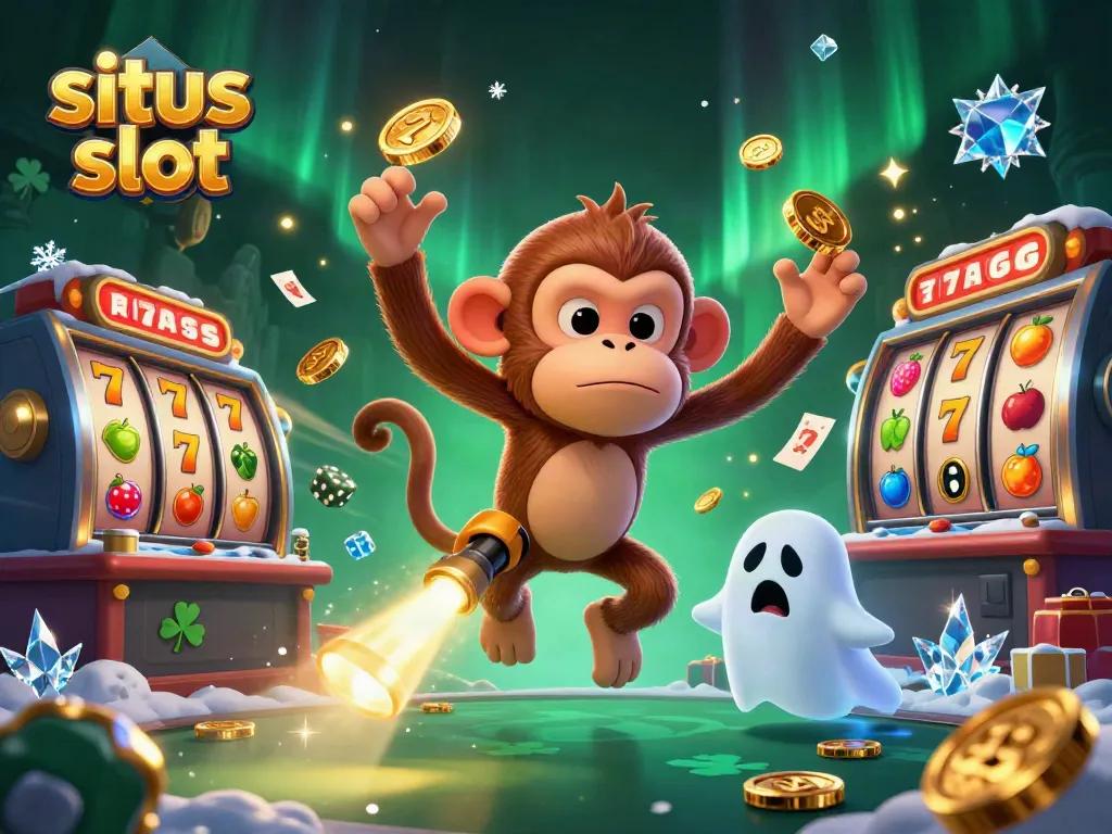 Engage with situs slot action as a poltergeist monkey juggles golden coins in a vibrant casino scene.