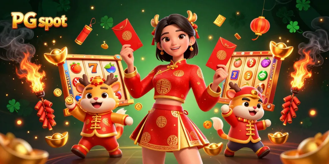 Engage in exhilarating gaming with PG slot featuring vibrant characters celebrating Lunar New Year amidst dynamic slot elements.