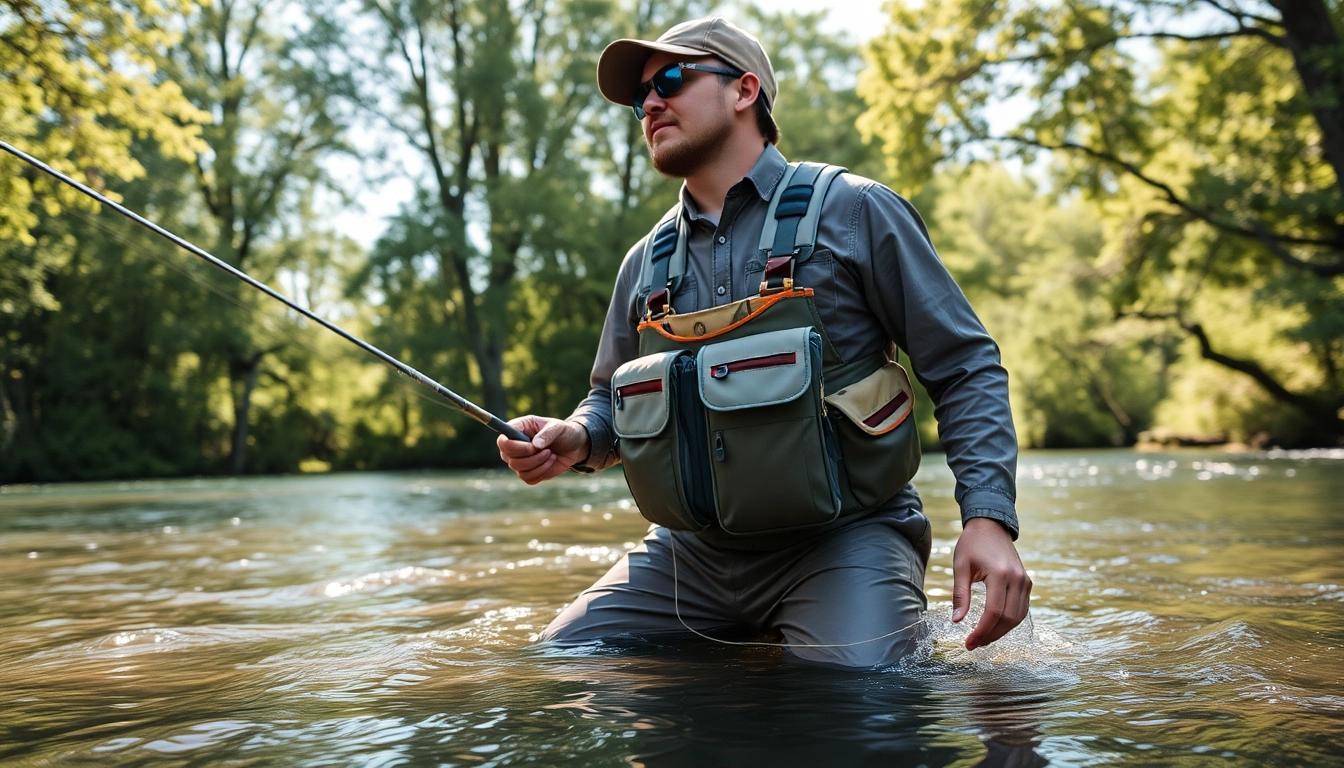 Angler using fly fishing chest pack while casting a line in a serene river setting.