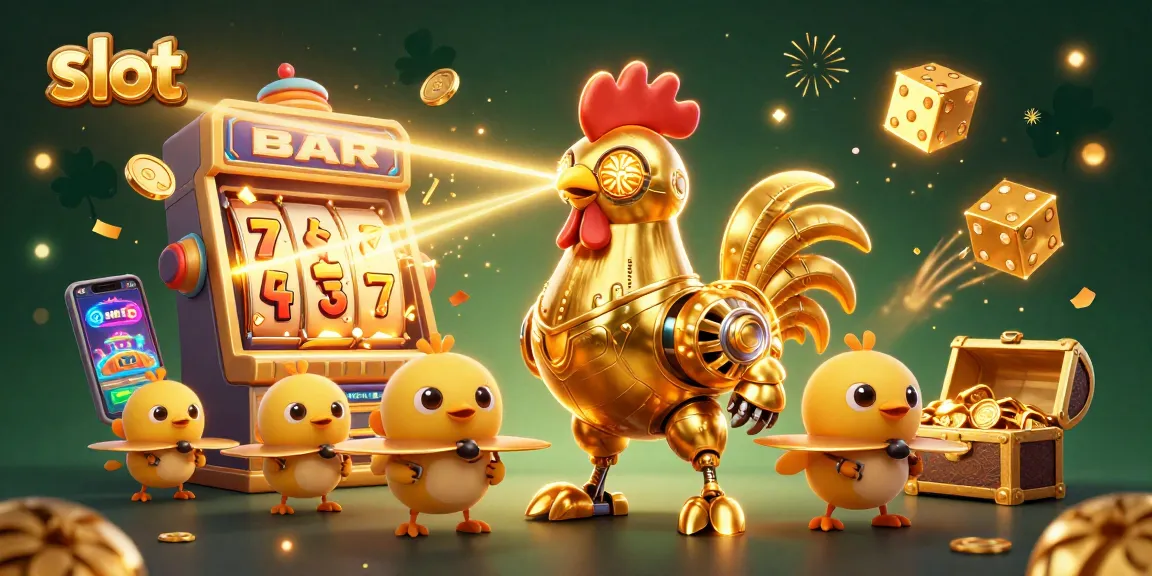 Experience thrilling slot action with golden rooster robot and jackpot explosion.