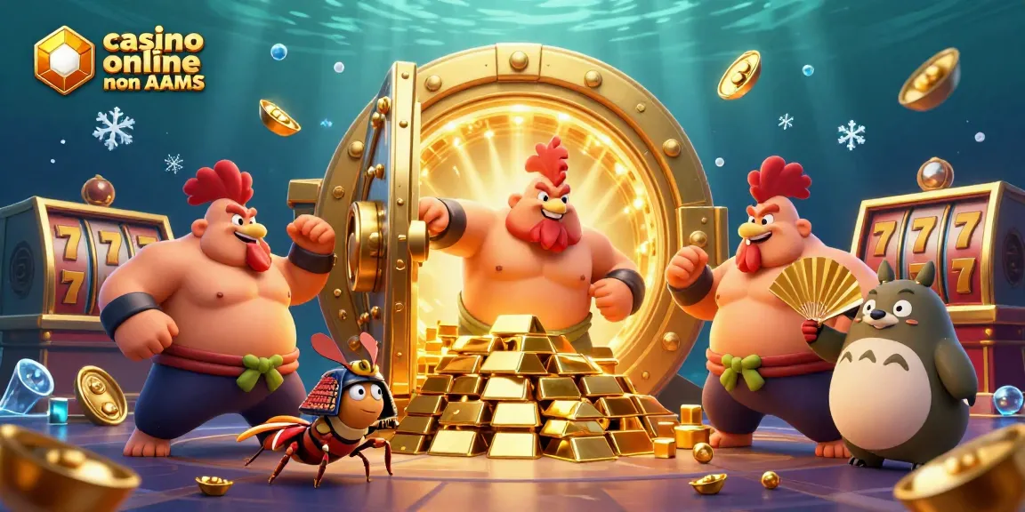 Rivivi l'azione nei casino online non AAMS con un sumo e un grillo in un ambiente scintillante di tesori.