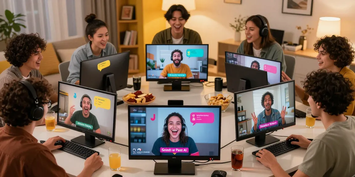Virtual gathering playing smash or pass ai game with friends reacting and rating images.