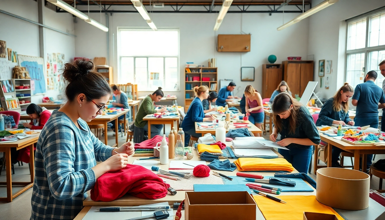 Engaged trainees in a craft trainee program creating dynamic projects in a vibrant workshop.