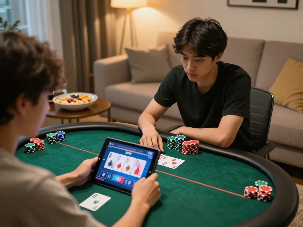 Engaged player using mm88 app on tablet in cozy home setting for online gambling.
