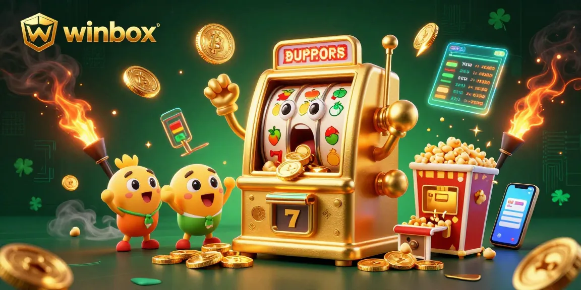 Winbox slot machines celebrate a jackpot, showcasing dynamic casino excitement with coins and crypto elements.