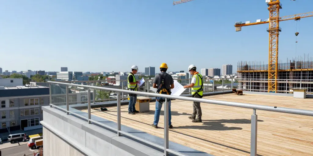 Safety railings enhancing urban construction site safety with workers collaborating.