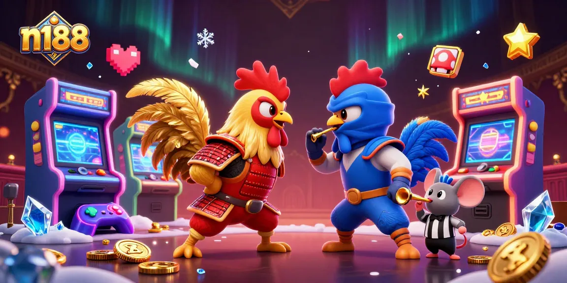 Bet on epic roosters in n188's dynamic showdown of skill and chance with vibrant casino elements.