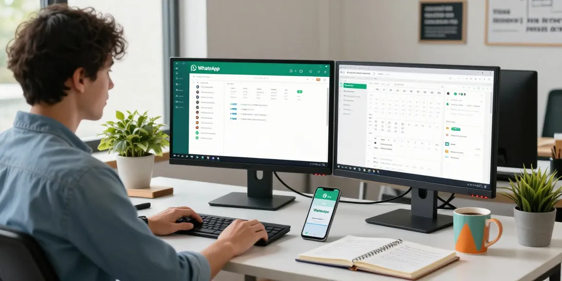 WhatsApp電腦版 interface shown on dual monitors, modern workspace setup for productivity.
