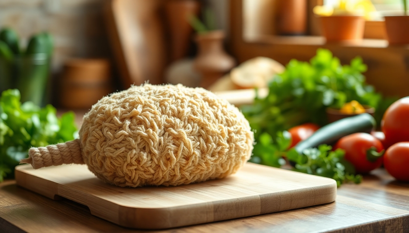 Clean kitchen loofah scrubber on a wooden board among fresh vegetables.