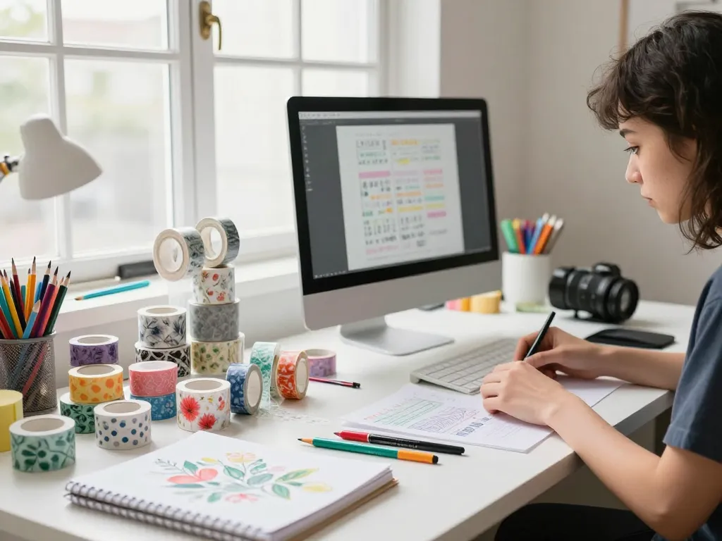 Creative designer crafting custom washi tape in a bright workspace filled with colorful stationery.