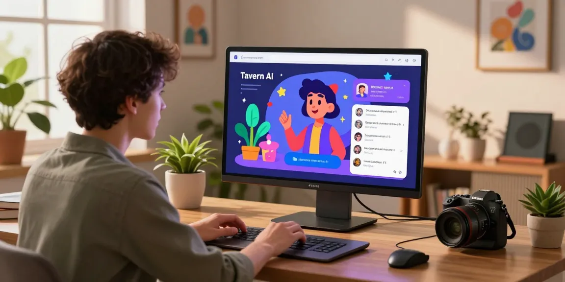 Engaging scene of Tavern AI chat interaction, user crafting creative conversations with animated AI character on modern laptop.