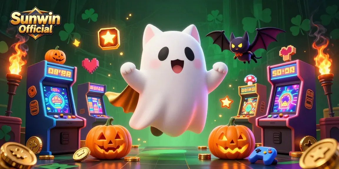 Experience Sunwin Official with a vibrant 3D scene showcasing a ghost cat and casino elements.