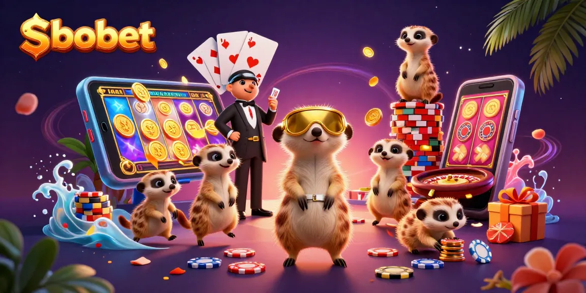 Engage with sbobet's vibrant 3D meerkat casino scene packed with colorful games and golden payouts.