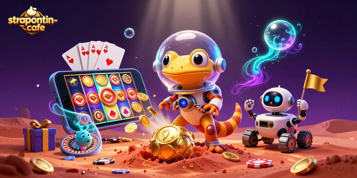 Jelajahi dunia slot online di strapontin-cafe dengan karakter kartun luar angkasa yang ceria.