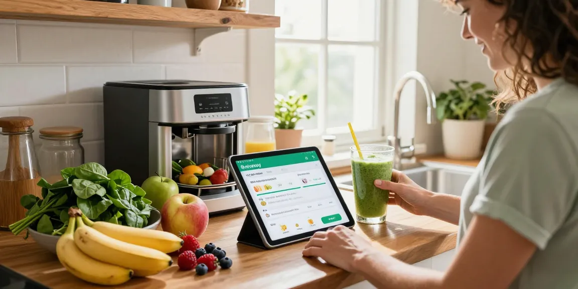 Using the best food tracking app to measure fresh ingredients in a sunny kitchen.