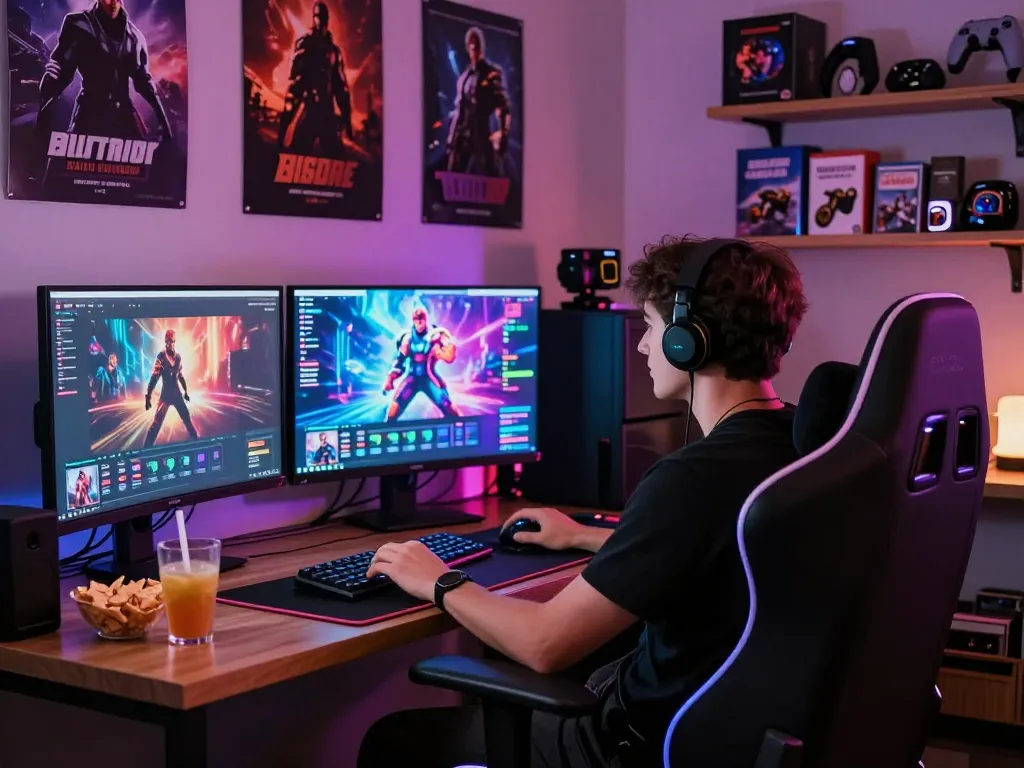 Enjoying sex games online with immersive visuals and a cozy gaming setup